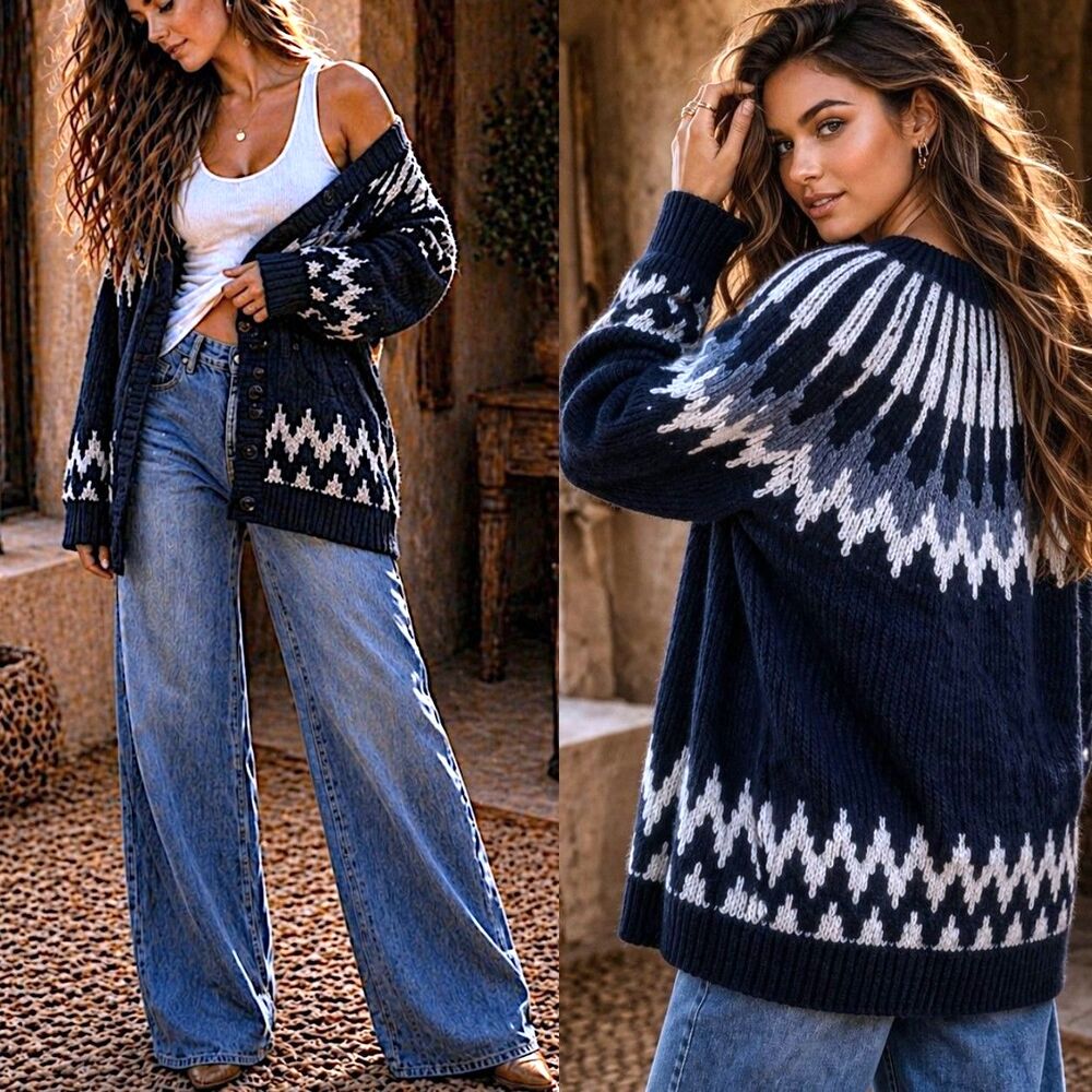 Abercrombie & Fitch M Fair Isle Cardigan Sweater Nordic Blue White Wool Blend